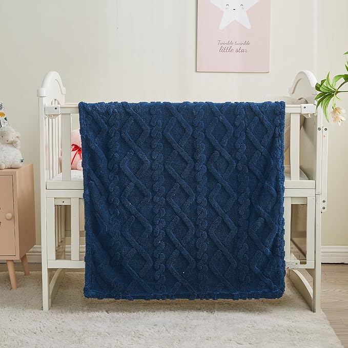 KMUSET Kids Blue Blanket for Boys Girls 30 x 40 inches, Soft Cozy Fuzzy Swaddle 3D Jacquard Throw Blanket, Navy
