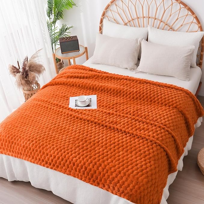 Vessia Flannel Fleece Twin Blanket, 3D Jacquard Burnt Orange Fuzzy and Warm Blanket for Couch, Sofa, Bed, 300GSM Super Soft Touch Cozy Home Decor for All Seasons (60x80 inches)