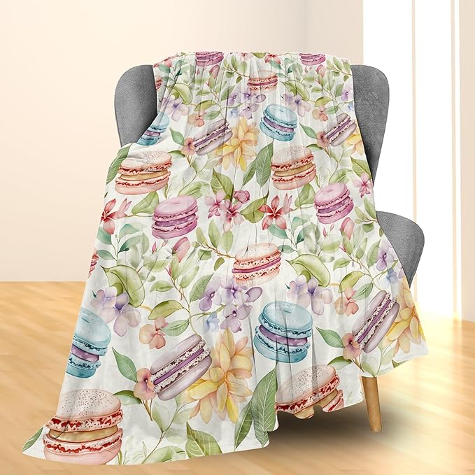 Macaron & Floral Blanket | Soft Fuzzy Warm Lightweight Flannel Throw Blanket Perfect for Couch, Bed, Travel & Outdoor Use, Cozy Blankets for Adults Kids Women 60×50 in