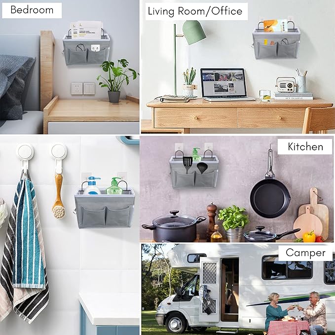 3pcs Middle Wall Hanging Organizer Bag, Linen Fabric Door Hanging Storage Basket with Pockets, Waterproof Bin for Kitchen, Bedroom, Office, RV Camper (Gray)