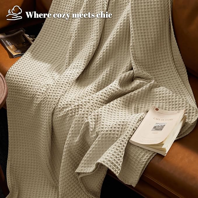 PHF Ultra Soft Waffle Weave Blanket King Size 104"x 90"- Washed Lightweight Breathable Cozy Woven Blanket for Bed - Aesthetic Decor for Couch Bedding Sofa Home Car - Khaki