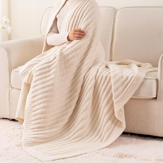 BATTILO White Throw Blanket for Couch, Knit Fuzzy Plush Cream Throw Blankets, Warm Cozy Lightweight Blanket for Bed, Sofa, Home Decor, 50"x60"