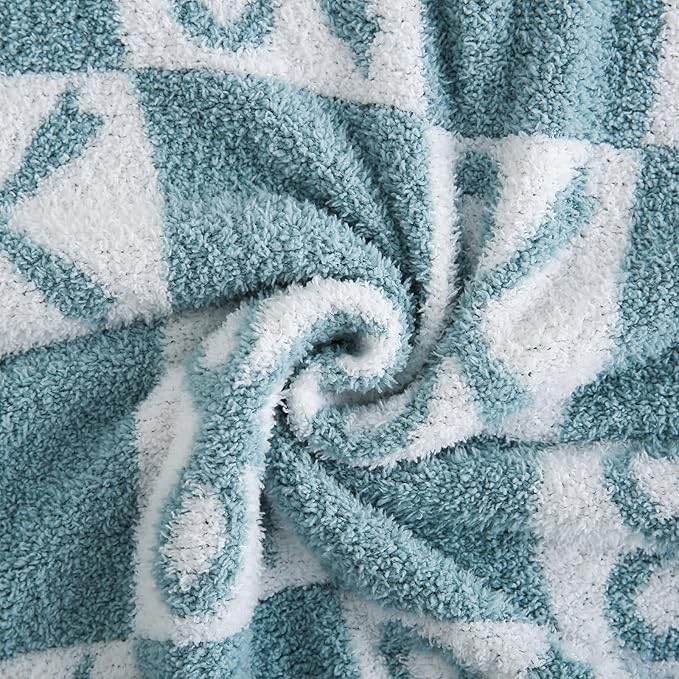 YIRUIO Blue Checkered Knit Throw Blanket - with Bow Pattern for Women Daughter & Son, 50x60 Size Ultra Soft Microfiber Reversible,Fluffy Fuzzy Cozy Throw for Bed, Sofa & Couch, Home Decor