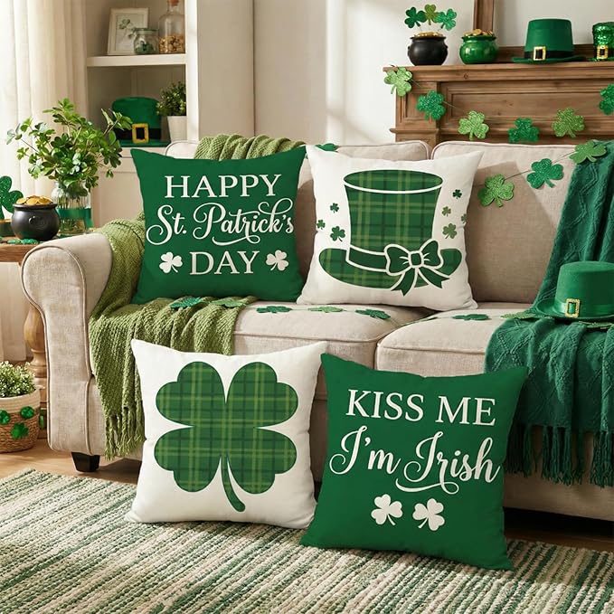 ONFAON St Patricks Day Decorations,St Patricks Day Pillow Covers 18x18 Set of 4 Scottish Tartan Plaid St Patricks Day Hat Farmhouse Classic Decorative Square Cushion Cases for Sofa Couch