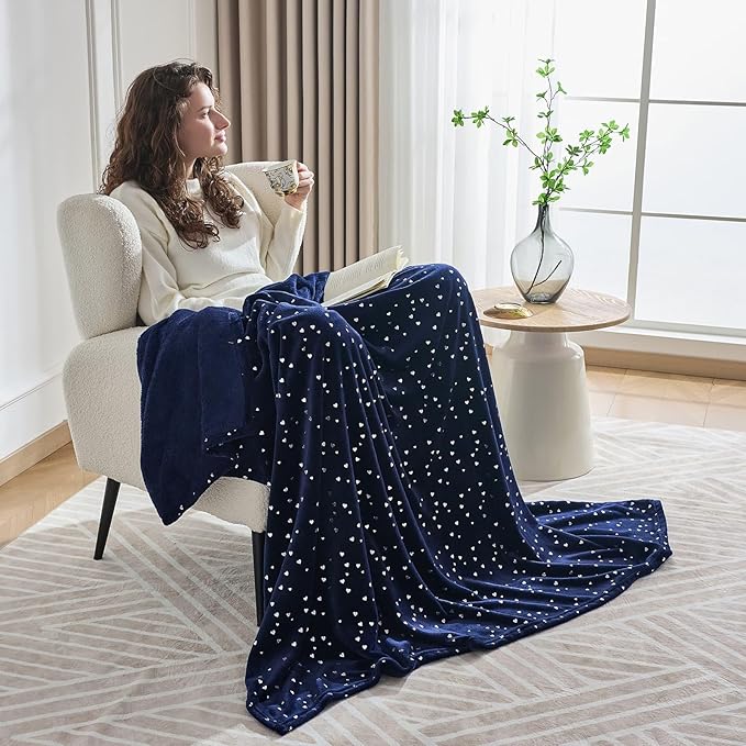 NANPIPER Fleece Blanket Heart Foil Print, Ultra Soft Lightweight Microfiber, All Season Premium Fluffy Throw for Sofa/Couch, 50"x65" Navy Blue