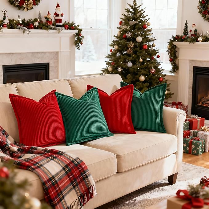 Mecatny Christmas Corduroy Throw Pillow Covers 12x20 Set of 2, Neutral Decorative Soft Boho Lumbar Couch Pillow Covers with Broadside for Sofa Living Room, Green