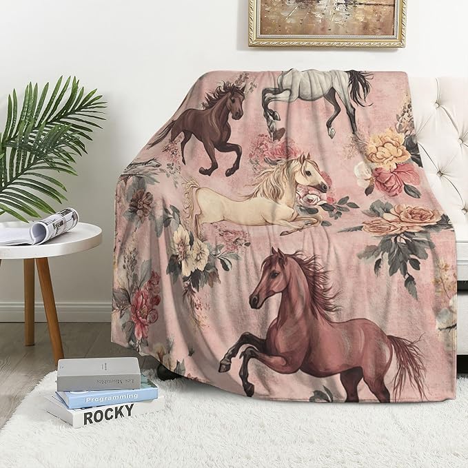 Horse Throw Blanket Soft Warm Cozy Horses Floral Blankets Fuzzy Plush Fleece Horse Blanket Gifts for Couch Bed Sofa Home Decor 40''X50''