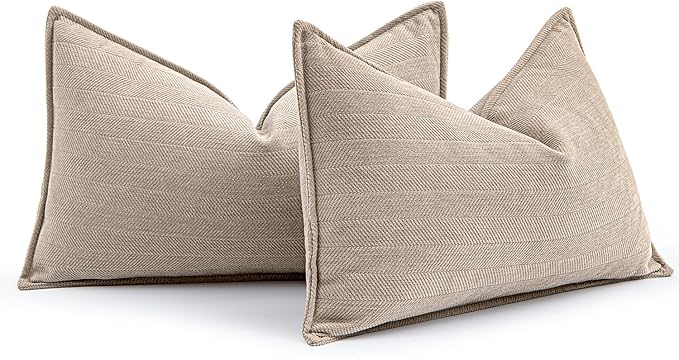MIULEE Pack of 2 Beige Decorative Lumbar Pillow Covers 12x20 Inch Soft Chenille Luxurious Couch Throw Pillows Farmhouse Cushion Covers with Elegant Design for Sofa Bedroom Living Room Spring Decor