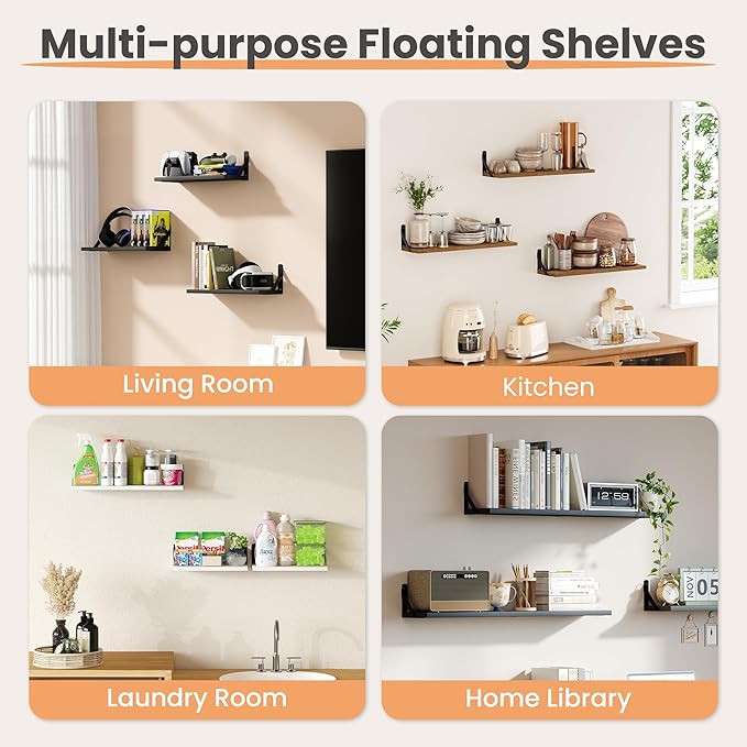 upsimples 23.6 Inches Floating Book Shelves for Wall, Floating Wood Shelves for Living Room, Laundry Room, Bedroom, Office Organizer and Storage, Black