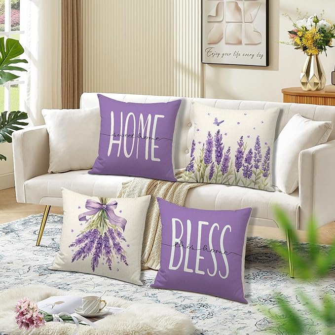Spring Pillow Covers 18x18 Inch Set of 4 Lavender Home Sweet Home Purple Throw Pillows Decorative Pillow Cases Summer Seasonal Farmhouse Decorations for Sofa Couch