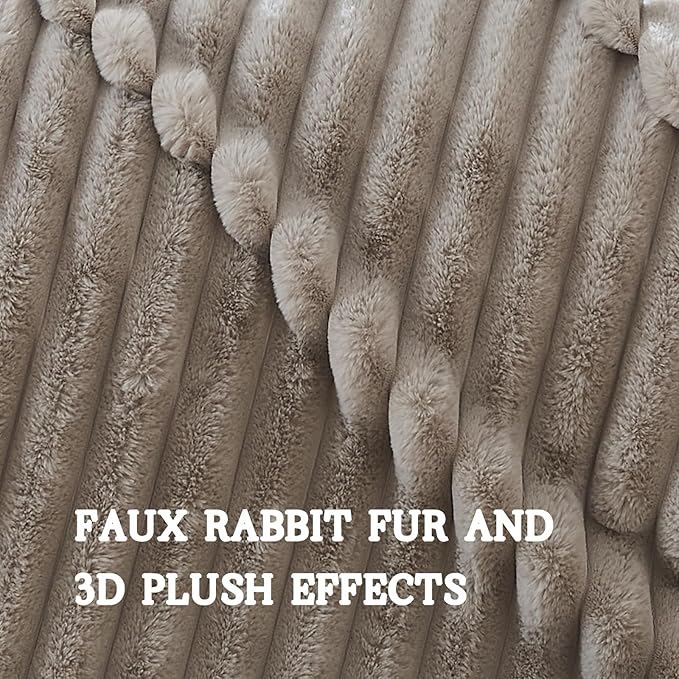 Lotus Karen Faux Fur Throw Blanket - Stripe Faux Rabbit Fur Blanket for Couch, Cozy Soft Fluffy Fuzzy Blanket, Warm Thick Furry Plush Shaggy Small Blankets for Women, Light Gray,50x60 Inches