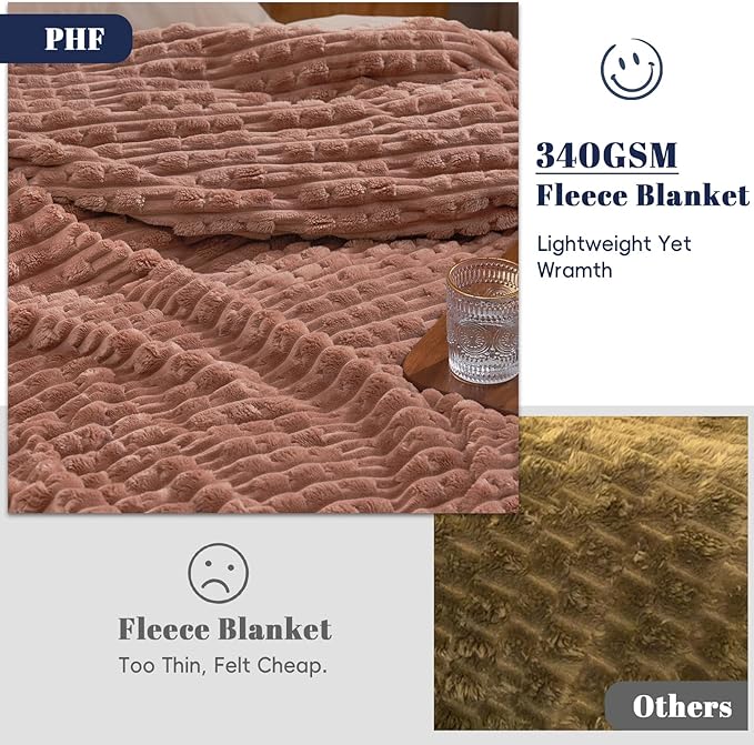 PHF Ultra Soft Flannel Fleece Blanket Queen Size, Lightweight 3D Jacquard Fleece Blanket, No Shedding, No Pilling, Luxury 340GSM Aesthetic Fluffy Cozy for Bed Room Decor, 90"x90", Mocha Mousse
