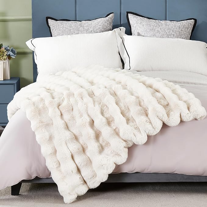 JONIYEAR Extra Large Soft Fuzzy Bubble Faux Rabbit Fur Bed Blanket Full Size 70" x 80", Decorative Big Thick Warm Fluffy Blanket for Winter, Luxury Cute Cozy Shaggy Comfy Furry Blankets, Cream White