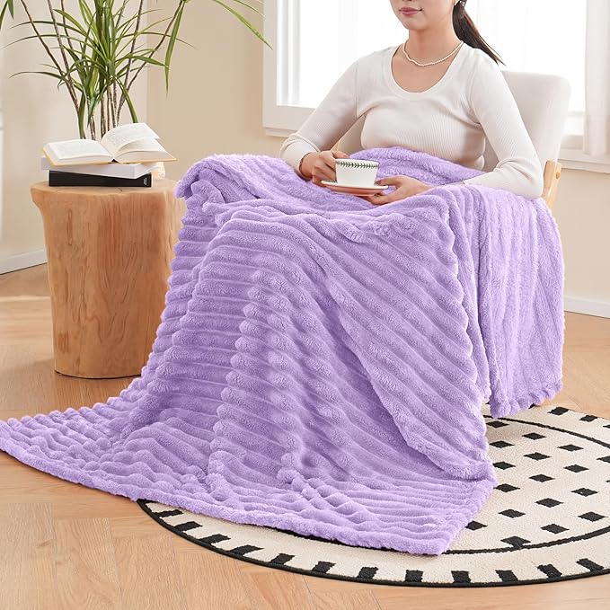 Vessia Flannel Fleece Throw Blanket for Couch,Sofa,Bed, 300GSM Striped Light Purple Throw Blanket for Adults and Kids, Super Soft Warm Cozy Lightweight Home Decor for All-Season(50x70inch)