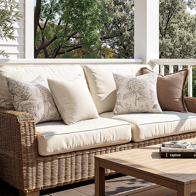Set of 2 Decorative Floral Neutral Pillow Covers 18x18 Inch Light Camel Hydrangea Print Spring Boho Vintage Throw Cushion Covers for Sofa Couch Porch Bedroom Living Room Summer Home Decor