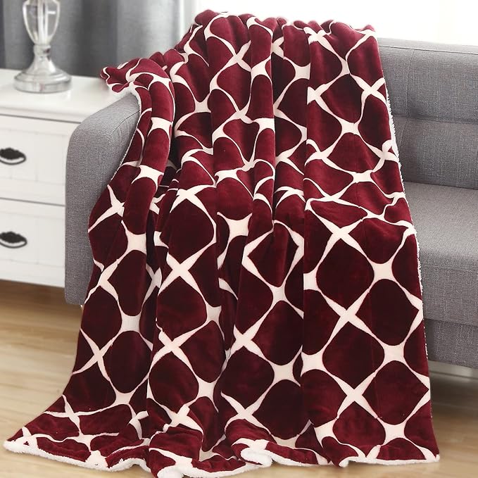 Elegant Comfort Luxury Ultra-Plush Velvet Touch FleeceThrow Soft, Warm, Cozy| Micromink Sherpa-Backing Reversible Blanket for Bed, Sofa and Couch, (50" x 60"), Bloomingdale Burgundy