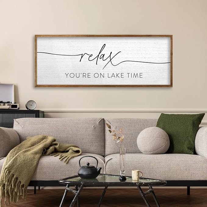 TQianJiang Relax You're On Lake Time Wall Decor 32"×12" Lakeside Quote Sign Lake House Decor for Living Room Bedroom Large Rustic Wooden Framed Wall Hanging Art (Wood)