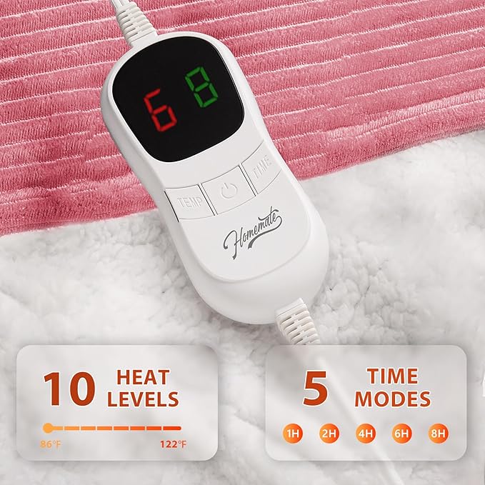 Homemate Heated Blanket Electric Throw - 50"x60" Heating Blanket Throw 1/2/4/6/8 Hours Auto-Off 10 Heat Levels Over-Heat Protection Soft Flannel Sherpa ETL Certification
