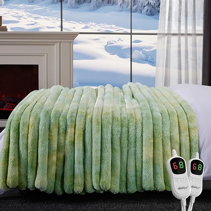 Heated Throw Blanket, Faux Fur Cozy Heating Blanket with Overheat Protection, 1/2/4/6/8 Hours Auto-Off 10 Heat Level, Machine Washable (90x100 Inches, Tie-Dye Green)