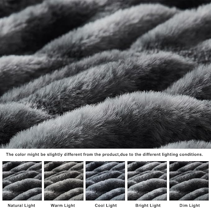 WDCOZY Ruched Faux Fur Throw Blanket Soft Cozy Fluffy Luxurious Blankets Couch Bed Sofa Chair Home Decor Warm Furry Fall Winter Plush Rabbit Fur Bubble Blanket 50" x 60", Charcoal Gray Dark Grey