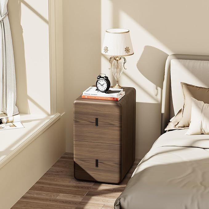 VICITON Narrow Nightstand with Drawers, Faux Leather Bedside Table, Solid Wood Drawer, Small Side Table for Bedroom (Leather Grey Poplar, 11.8" x 15.7" x 19.7")