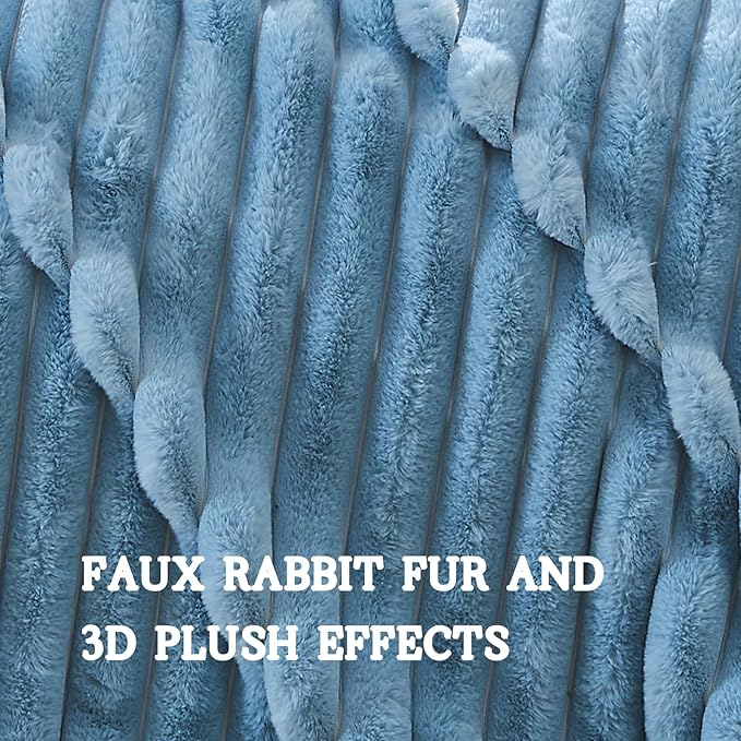 Lotus Karen Faux Fur Twin Blanket for Couch, Cozy Soft Fluffy Fuzzy Blue Blanket, Striped Warm Thick Furry Plush Shaggy Small Blankets for Women, 60x80 Inches