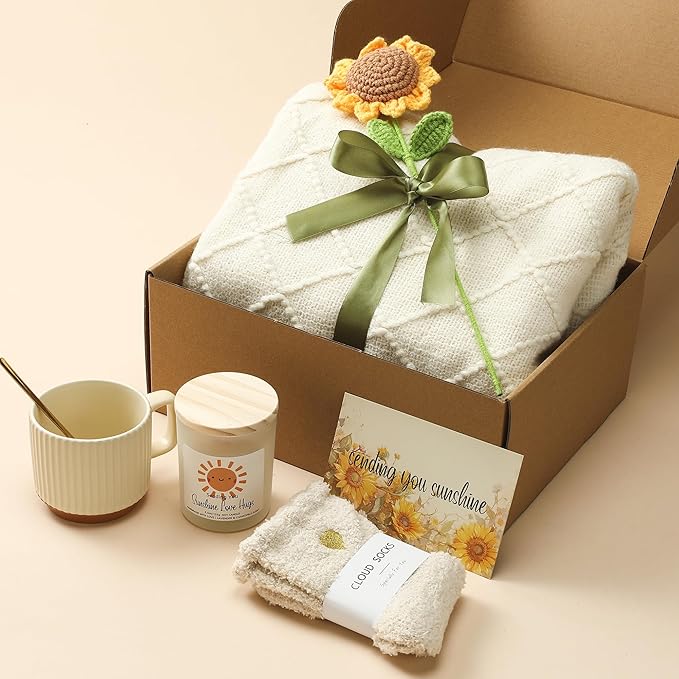 Self Care Gifts for Women - Luxury Package with 50"x70" Cozy Knitted Blanket, Fuzzy Socks, Soy Candle, Sunflower Decor | Birthday, Thinking of You, Get Well Gifts | Mom, Girlfriend, Best Friend