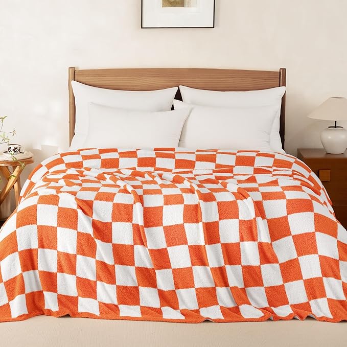 Whale Flotilla Checkered Knit Blanket Queen Size, Ultra Soft Warm Reversible Cozy Decorative Blankets for Couch Sofa and Bed, 90x90 Inch, Orange