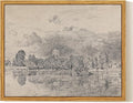 InSimSea Framed Canvas Print Art, Vintage Sketch Church lakeside Landscape Painting, Rustic Farmhouse Cottage Decor for Hallway Wall Floating Shelf Desk Vanity Fireplace,10x8 in, Neutral Tones