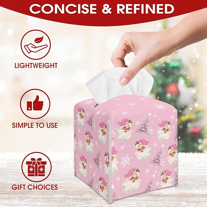 Pink Santa Claus Tissue Box Cover Holder, Christmas Trees Leather Tissue Box Cover Square, Xmas Gift Ideas for Family Friends, Bathroom Kitchen Car Office Home Table Decor(5.2 Inches)-B08