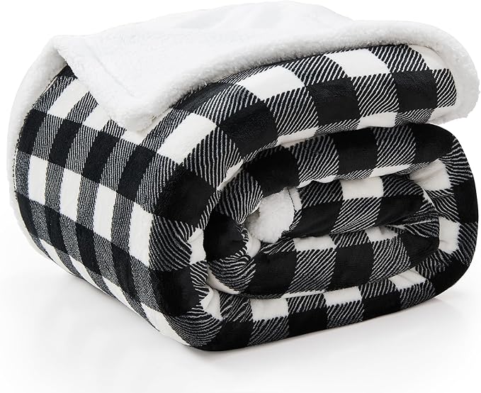BEDELITE Sherpa Fleece Blanket - Black and White Buffalo Plaid Christmas Blanket, Super Soft Cozy Warm Thick Winter Throw Blankets for Couch and Bed, 50" x 60"