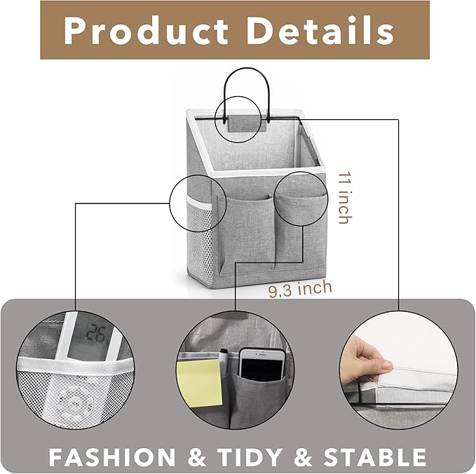 3pcs Wall Hanging Organizer Bag, Linen Fabric Door Hanging Storage Basket with Pockets, Waterproof Bin for Kitchen, Bedroom, Office, RV Camper (Gray)