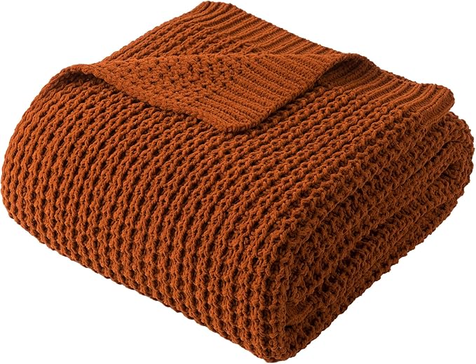 Bunnikins & Clover Knitted Waffle Blanket Throw, Fall Throw Blanket for Home Decoration, Caramel Throw Blanket for Couch, 60"x80"