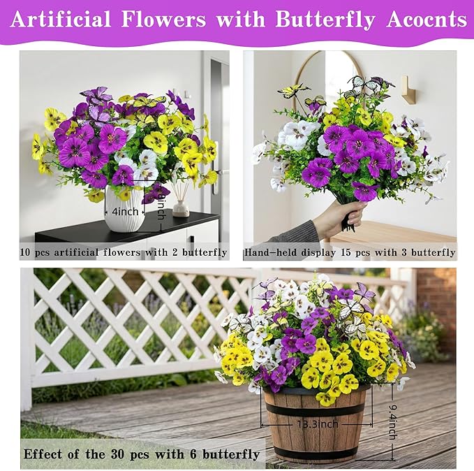 Artificial Flowers for Outdoor, 36 Bundles UV Resistant Faux Silk Pansy Flowers with Butterfly Accents, Realistic Fake Plants for Planters, Window Boxes & Grave Decor, 30 Bundles + 6 Butterflies