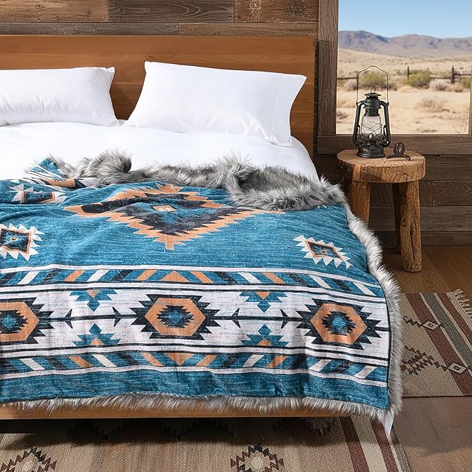 Luxury Plush Faux Fur Throw Blanket with Aztec Pattern, Super Warm, Fuzzy, Elegant, Fluffy Decoration Blanket for Couch, Armchair, Sofa and Bed, 50''x 60'', Teal