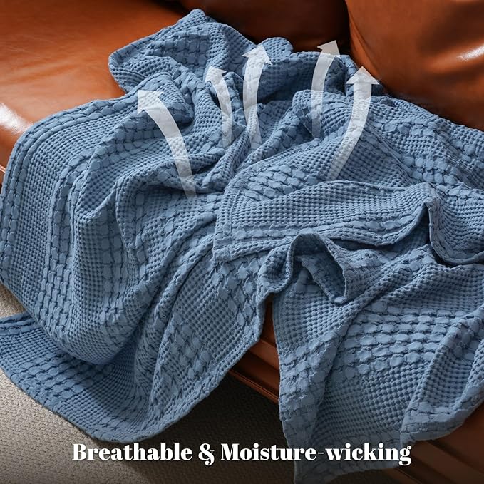 PHF 100% Cotton Waffle Weave Throw Blanket, Soft Lightweight Breathable Cozy Throws for Couch Bed Sofa, Luxury Aesthetic Blanket Gift for Home Decor & Office, 50"x60", Denim Blue