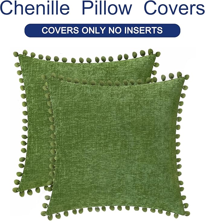 CaliTime Throw Pillow Covers Decorative 16 X 16 Inches Pack of 2 Cozy Solid Dyed Soft Chenille Cushion Cases with Pom Poms for Couch Sofa Bed Living Room Home Forest Green