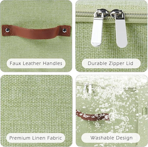 2 Pack Storage Bins with Zipper Lid Cotton Linen Fabric Lidded Storage Baskets Boxes Foldable Washable Closet Shelf Clothes Organizer Container with PU Leather Handles (Green, Large Size)