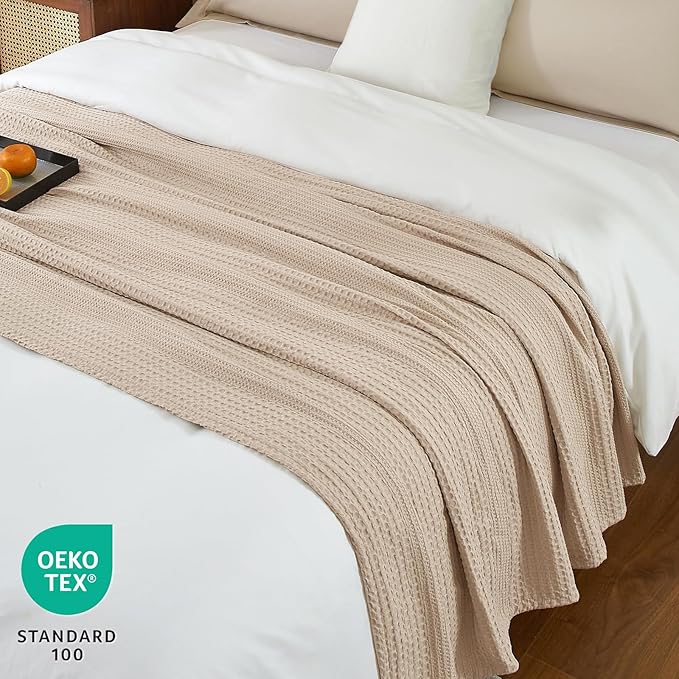 PHF Lightweight Waffle Weave Blanket Twin Size, Breathable & Ultra Soft, 66"x 90" Soft & Cozy Thin Blanket for All Season & Hot Sleepers, Bed, Home Decor - Light Tan