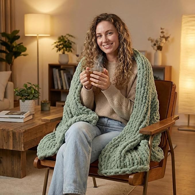 Amélie Home Chunky Knit Throw Blanket for Couch, Soft Chenille Crochet Blanket, 60"x80", Sage Green