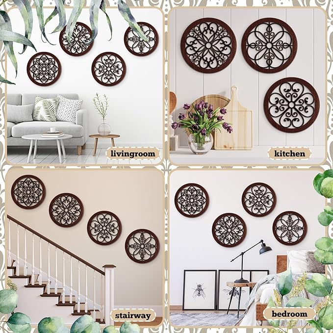 Yulejo 4 Pcs Thicken Rustic Wall Decor Farmhouse Kitchen Wall Round Art Wooden Hollow Carved Design Rustic Art for Living Room Bedroom Hallway Decor (15.7 x 15.7 Inch,Black, Brown)