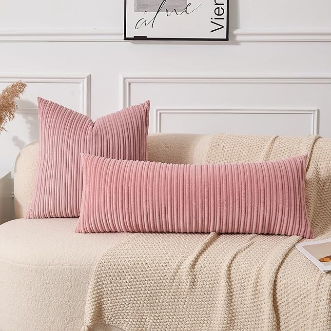 UGASA 14x36 Inch Pillow Cover Pack of 1 Valentine's Day Soft Boho Stripe Corduroy Large Long Rectangular Lumbar Cushion Cover Decorative Throw Pillowcase for Couch Sofa Bedroom Living Room, Baby Pink
