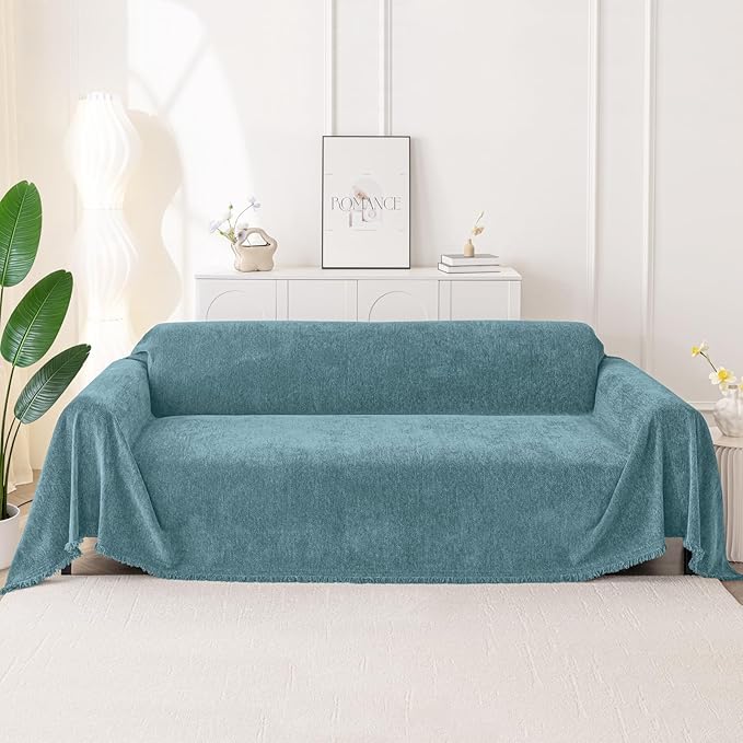 Smiry Couch Cover for Dogs, Washable Chenille Sofa Covers for 3 Cushion Couch, Soft Sofa Slipcover for Pets, Thick Sectional Furniture Protector with Tassels (Blue, 88.5x150 Inch)