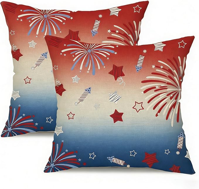 4th of July Throw Pillow Covers, Patriotic Fireworks Stars Design, Linen, 18x18 Inch, Set of 2, Farmhouse Style