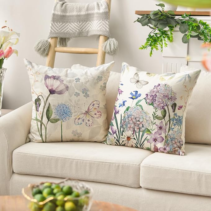 AVOIN colorlife Every Day is A Gift Hydrangea Throw Pillow Covers, 18 x 18 Inch Spring Summer Floral Butterfly Dragonfly Decoration Cushion Case for Home Sofa Couch Set of 4