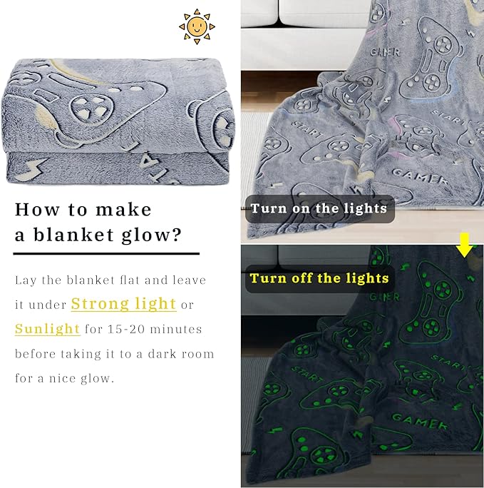 Glow in The Dark Blanket Game Controller Throw Blanket, Gamer Gifts Toys for Kids Boyfriend, Boys Teen Soft Cozy Gaming Blanket Gamer Gifts Game Decor Blankets for Home Bedroom 50"x60"