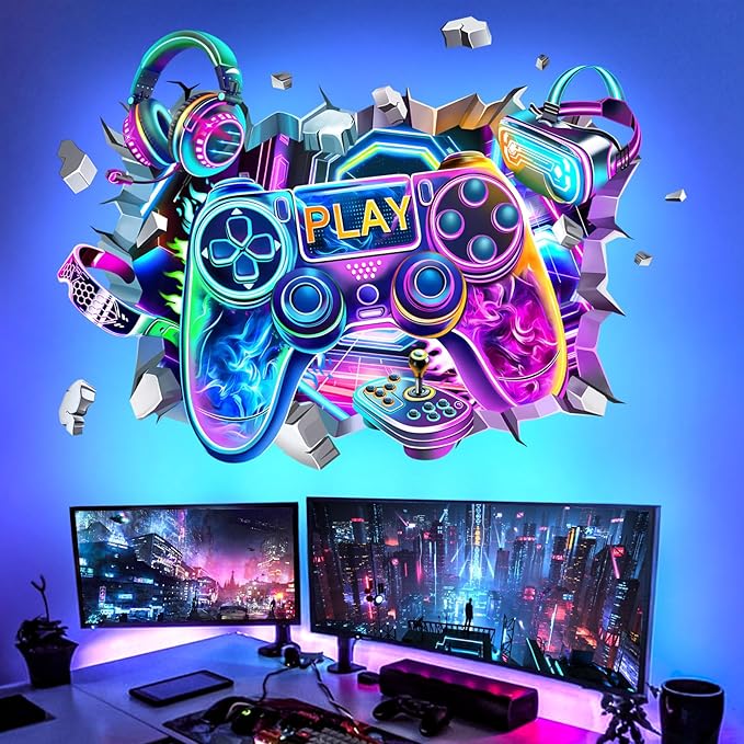 decalmile Large 3D Game Wall Decals Video Gaming Gamer Controller Joystick Wall Stickers Boy Bedroom Teenagers Playroom Wall Decor