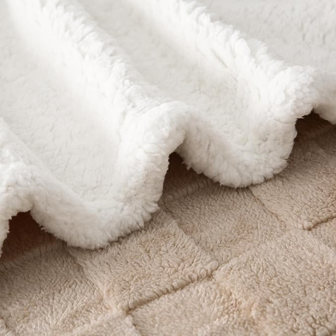 Sherpa Throw Blanket for Couch, Flannel Cozy Soft Thick Blanket for Bed - Fleece, Beige, 60x80 Inches