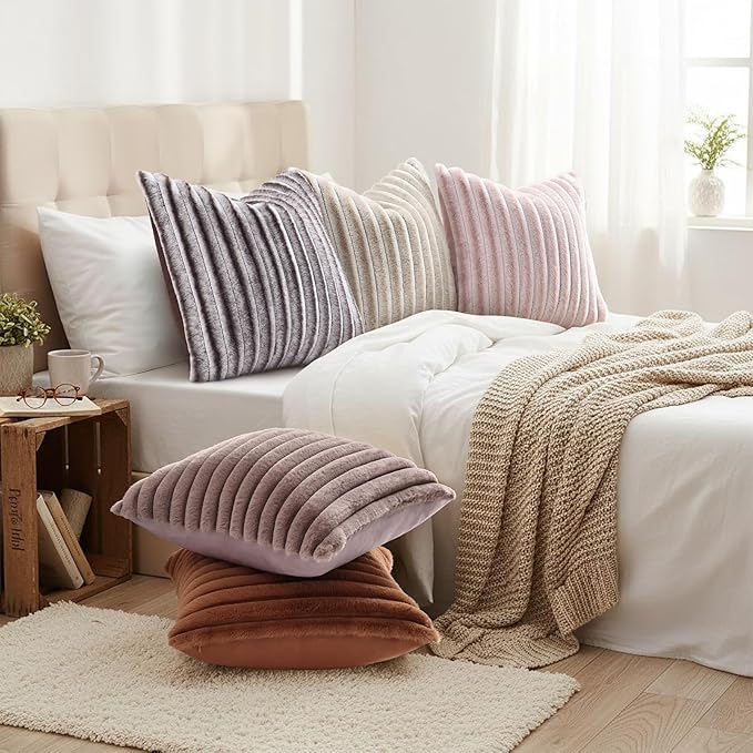 decorUhome Cozy Faux Fur Throw Pillow Covers 26x26 Set of 2 Decorative Soft Plush Striped Modern Farmhouse Boho Couch Euro Sham Pillow Cases with Velvet Back for Sofa Bed Living Room, Brown