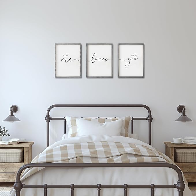 Set of 3 Framed Farmhouse All of Me Loves All of You Sign 11x14” Above Bed Wall Decor for Bedroom Decor Wall Art Wood Signs (11x14, Gray)